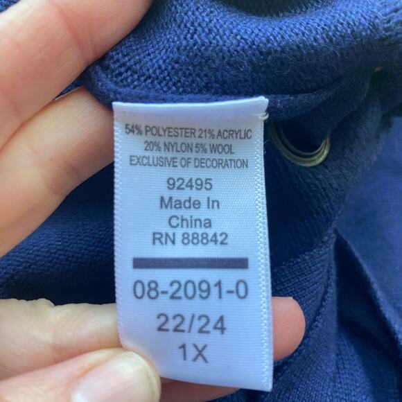 Roaman's NWOT Wool Blend Laced Up Sweater Women's 1X Navy Blue Boho Coastal - Picture 7 of 8